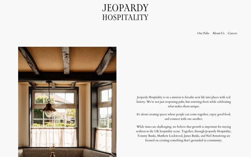 Homepage of Jeopardy Hospitality (jeopardyhospitality.co.uk) -- Maad House brand review