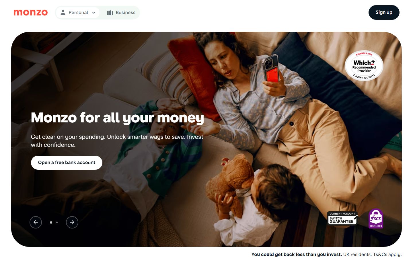 Homepage of Monzo (monzo.com) -- Maad House brand review